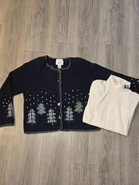 Christopher & Banks Navy Christmas Tree Cardigan Sweater Turtleneck SET, MED